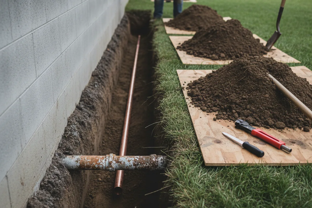 Excavated water line trench during Water Softener Installation in Windermere